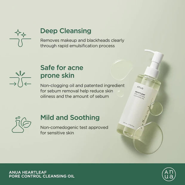 Anua Heartleaf Pore Control Cleansing Oil 200 ml Deep Makeup Removal & Sebum Control (K Beauty)