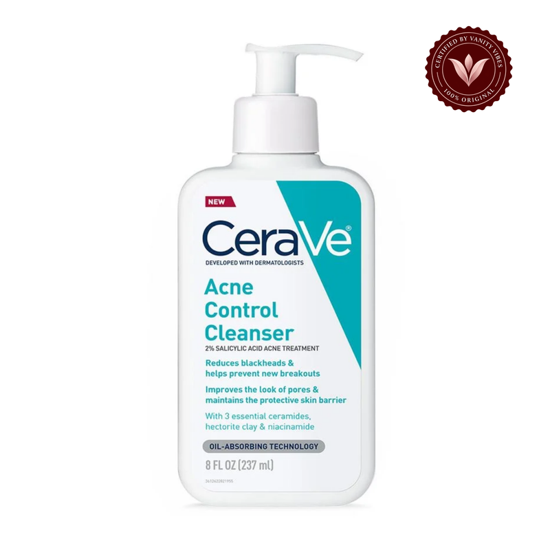 CeraVe Acne Control Cleanser 2% salicylic acid 237ml front view with Vanity Vibes badge
