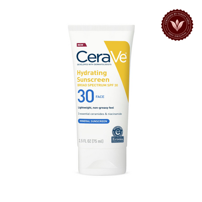 CeraVe Hydrating Mineral Sunscreen SPF 30 Face Lotion 75 ml USA front with Vanity Vibes badge