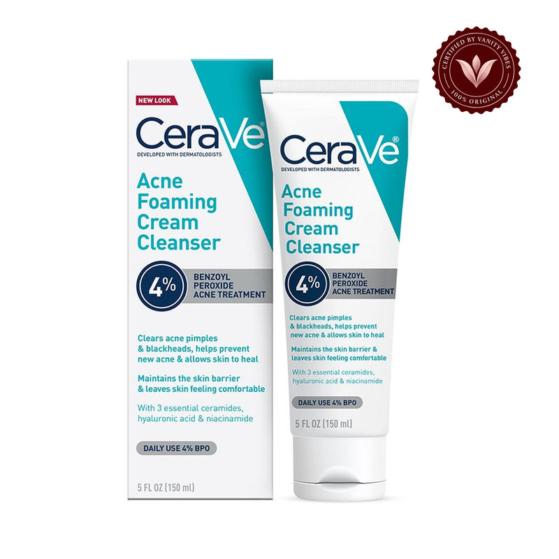 CeraVe Acne Foaming Cream Cleanser 4% benzoyl peroxide 5 fl oz 150ml USA tube and box with Vanity Vibes badge