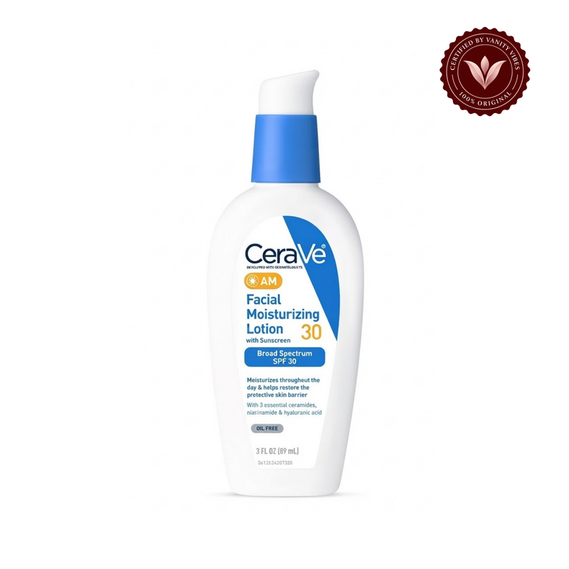 CeraVe AM Facial Moisturizing Lotion SPF 30, 89 ml — full front bottle on white with Vanity Vibes badge