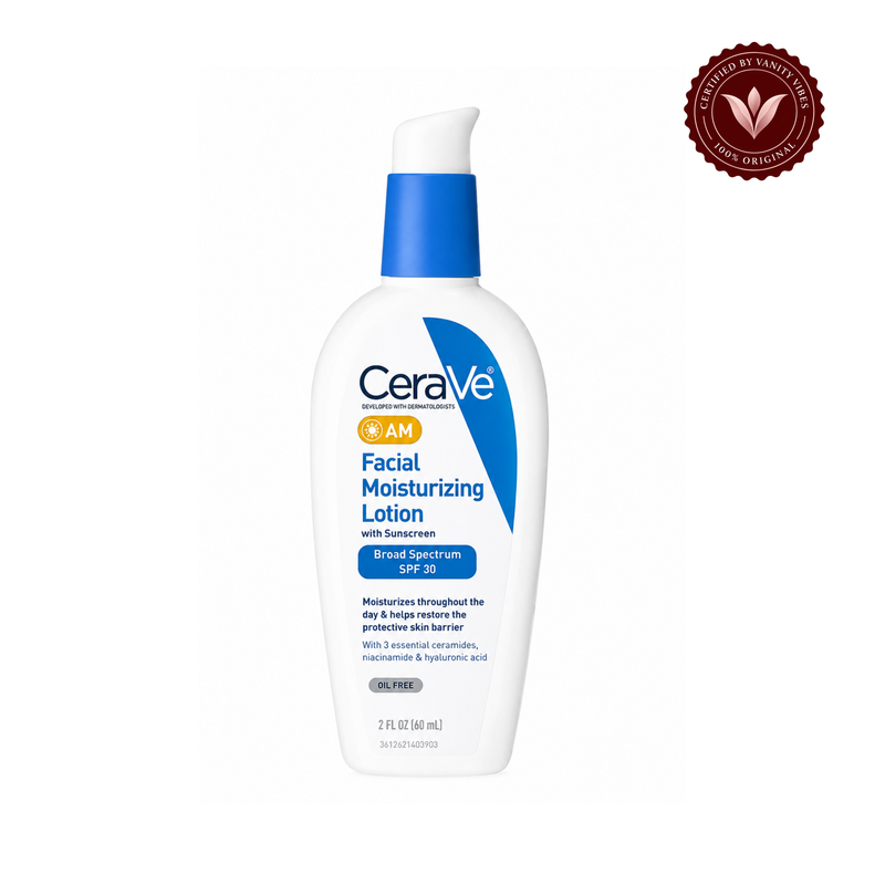 CeraVe AM Facial Moisturizing Lotion SPF 30, 60 ml — full front bottle on white with Vanity Vibes badge