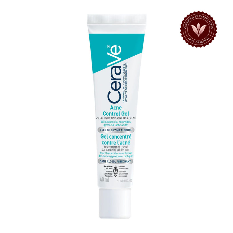 CeraVe Acne Control Gel 40ml Canadian bilingual tube front on white with Vanity Vibes badge