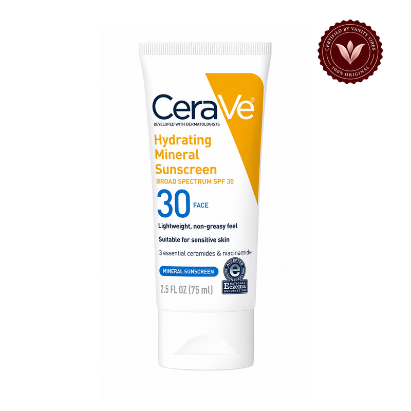 CeraVe Hydrating Mineral Sunscreen SPF 30 Face Lotion 75 ml, front view with Vanity Vibes badge
