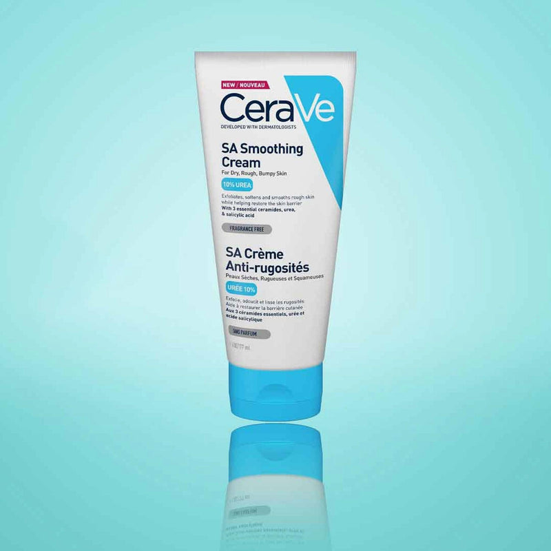 CeraVe SA Smoothing Cream 177 ml, alternate view on turquoise background