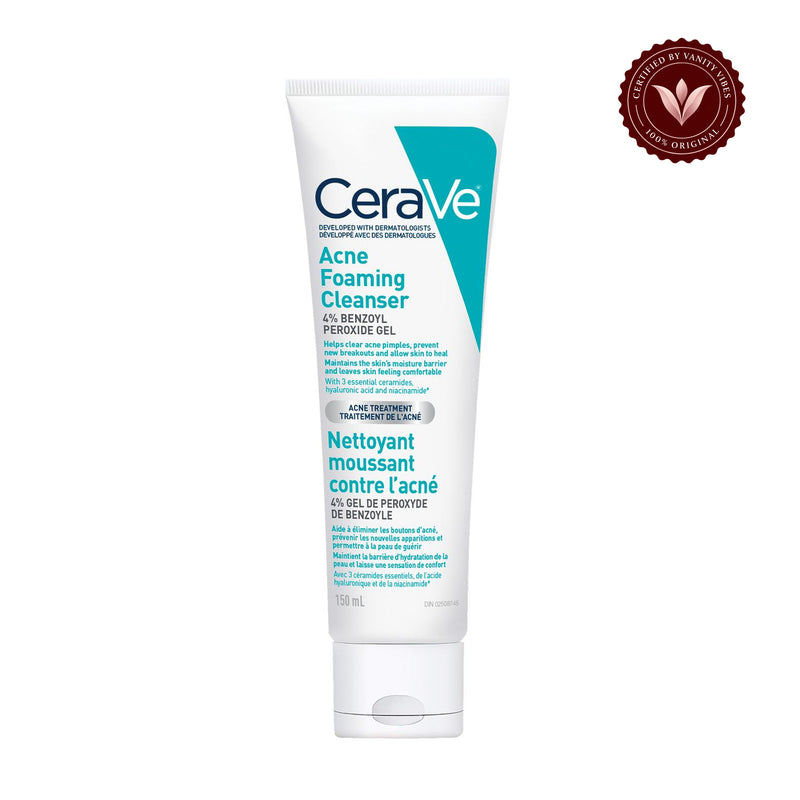 CeraVe Acne Foaming Cleanser 4% benzoyl peroxide 150ml front with Vanity Vibes badge