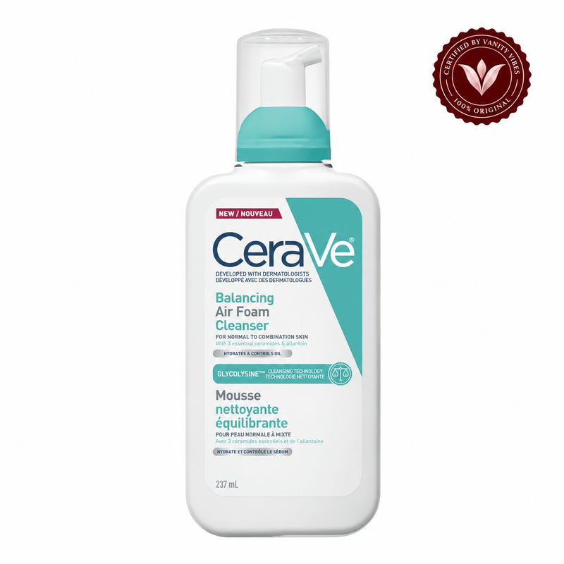 CeraVe Balancing Air Foam Cleanser 237 ml on white with Vanity Vibes badge