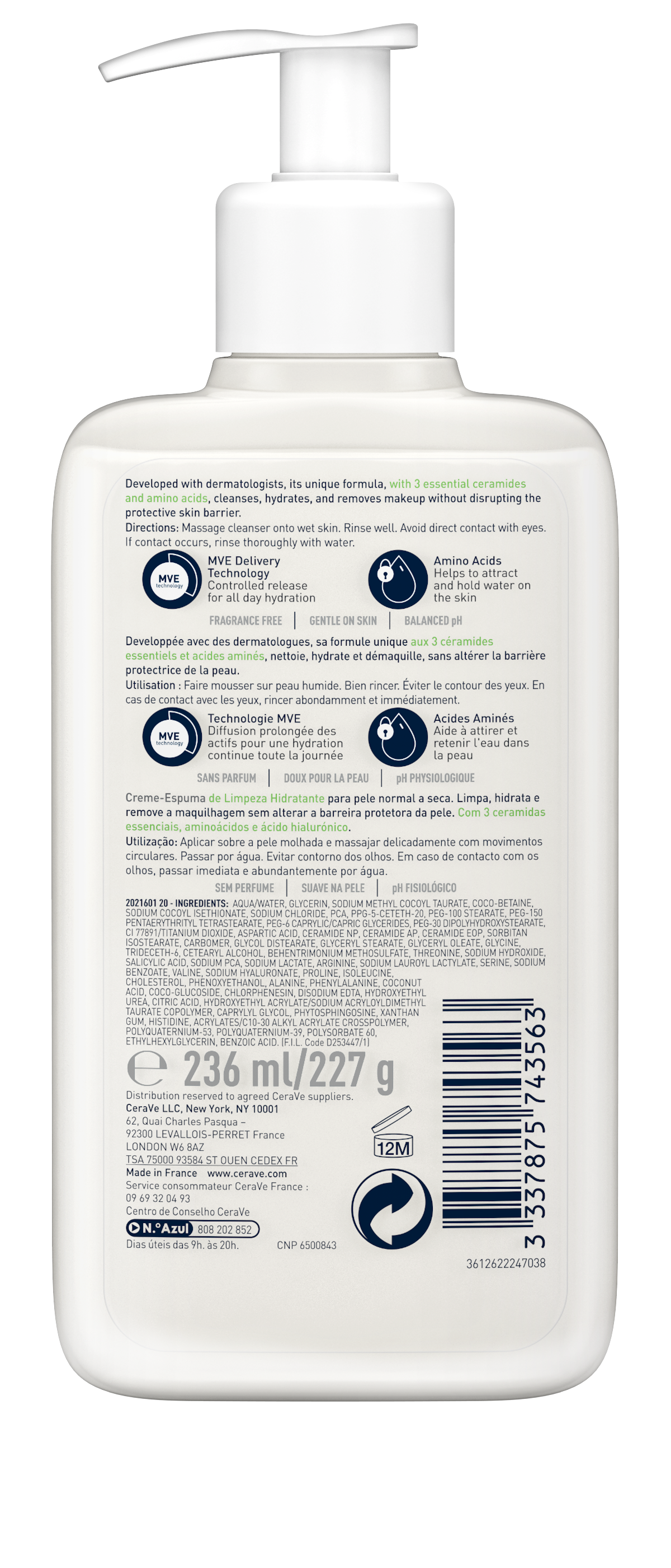 CeraVe Hydrating Cream-to-Foam Cleanser 236 ml rear ingredients label