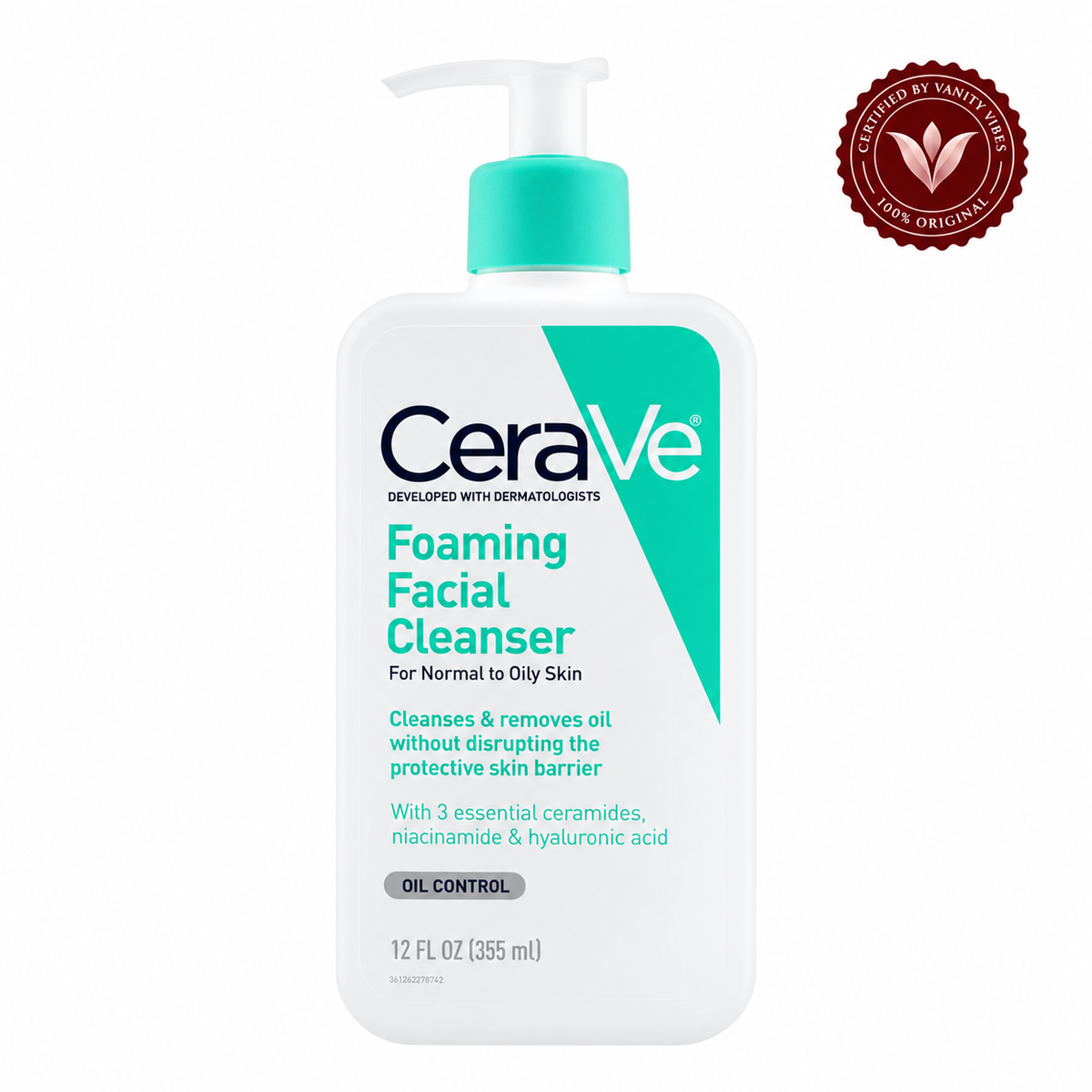 CeraVe Foaming Facial Cleanser 12 fl oz (355 ml) with Vanity Vibes badge on white