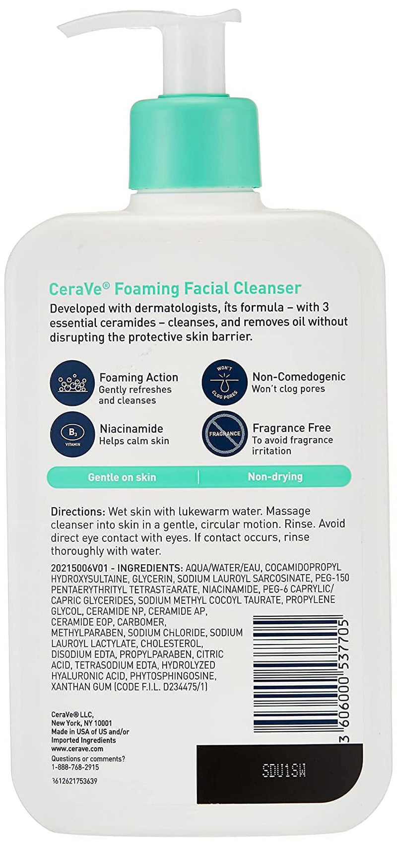 CeraVe Foaming Facial Cleanser 16 fl oz (473 ml), back label