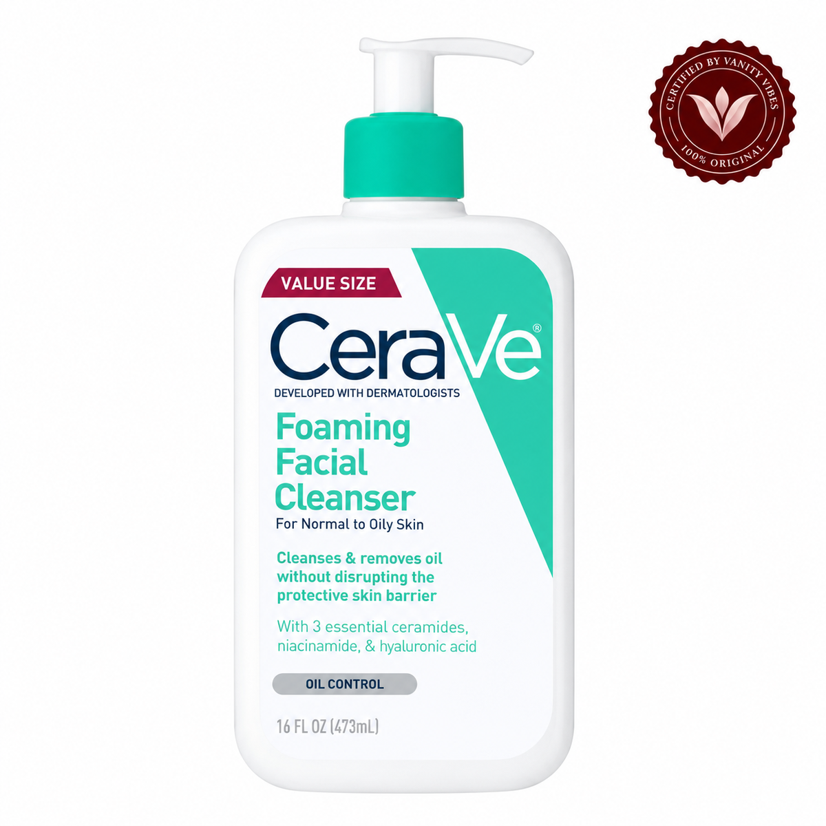 CeraVe Foaming Facial Cleanser 16 fl oz (473 ml) with Vanity Vibes badge on white
