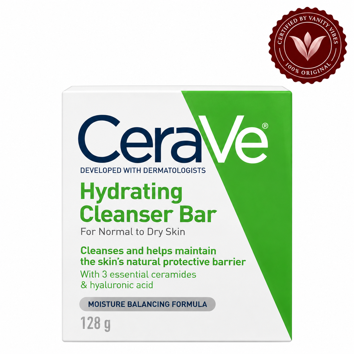 CeraVe Hydrating Cleanser Bar 128 g front on white with Vanity Vibes certification badge