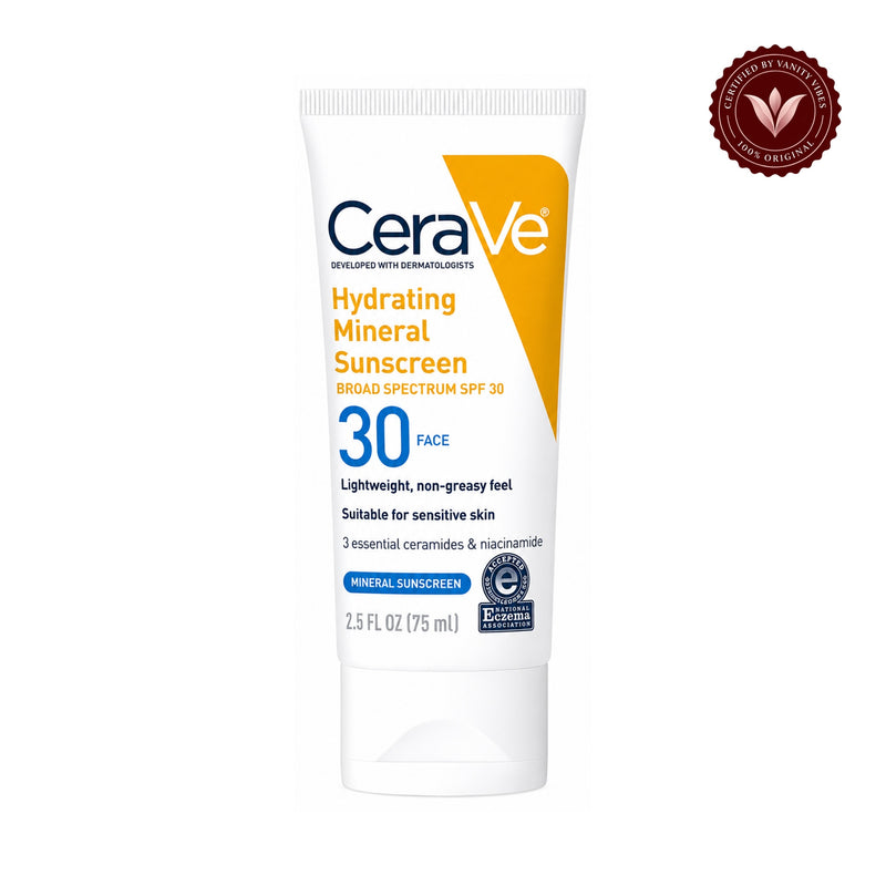 CeraVe Hydrating Mineral Sunscreen SPF 30 Face Lotion -75ml (USA STOCK WITH BOX) front product photo on white with Vanity Vibes badge