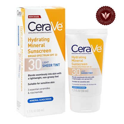 CeraVe Hydrating Mineral Sunscreen SPF 30 Light Sheer Tint 50ml front with Vanity Vibes badge