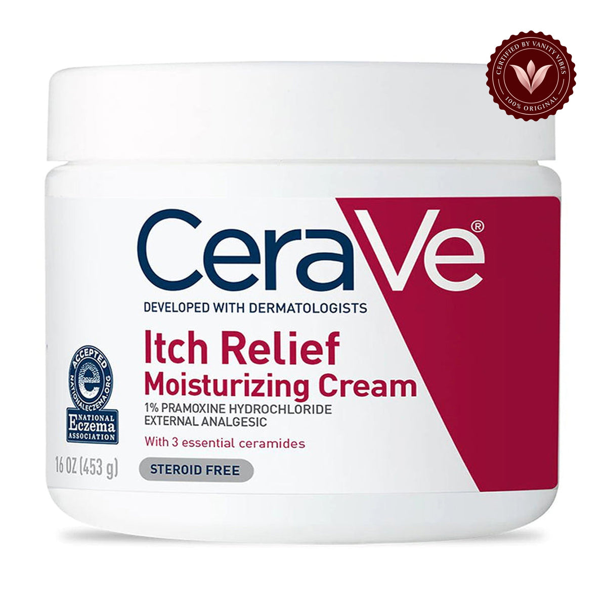 CeraVe Itch Relief Moisturizing Cream front product photo on white with Vanity Vibes badge