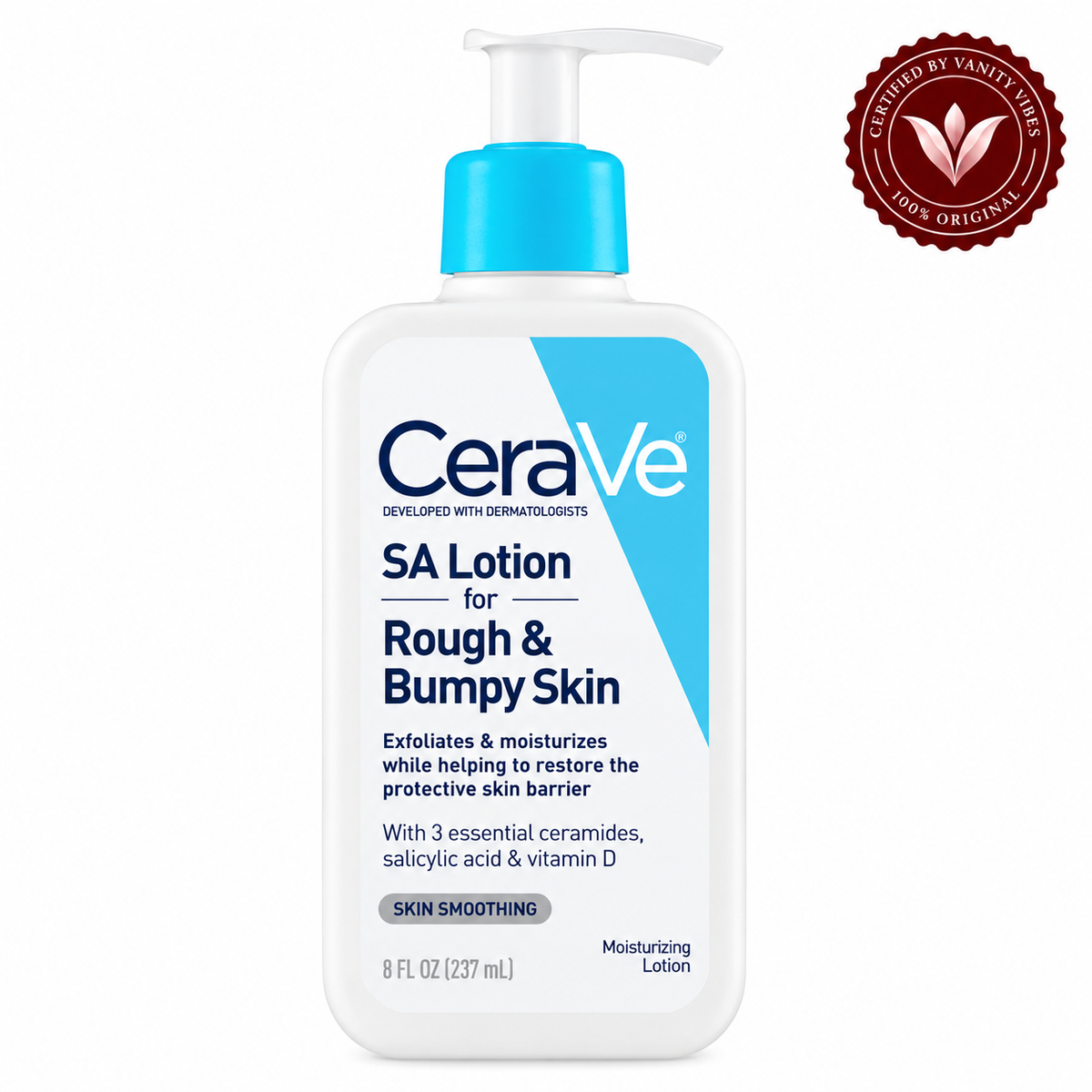 CeraVe SA Lotion for Rough & Bumpy Skin 237ml, front packshot with Vanity Vibes seal