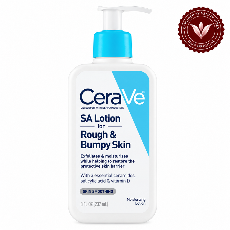 CeraVe SA Lotion for Rough & Bumpy Skin 237ml, front packshot with Vanity Vibes seal