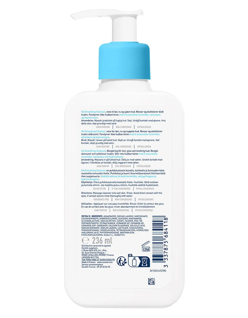 CeraVe SA Smoothing Cleanser 236ml back label and barcode