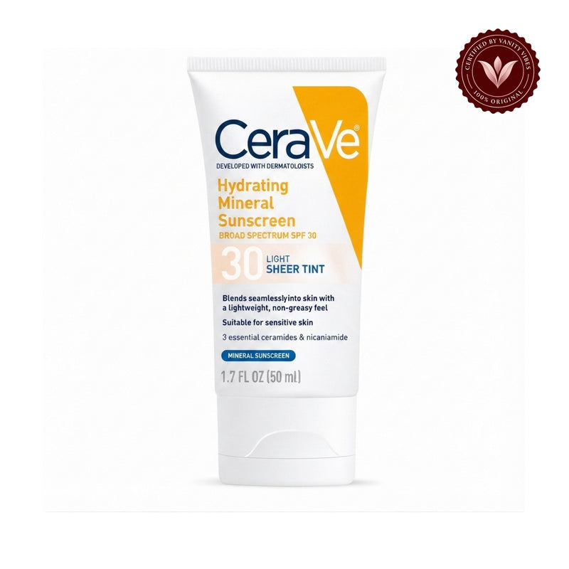 CeraVe Sunscreen with SPF 30 Hydrating Mineral Sunscreen 30 Face Sheer Tint front product photo on white with Vanity Vibes badge