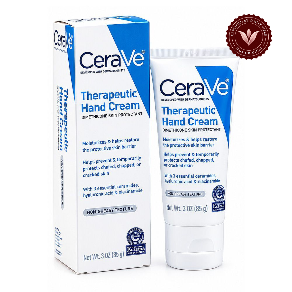 CeraVe Therapeutic Hand Cream 85g front with Vanity Vibes badge