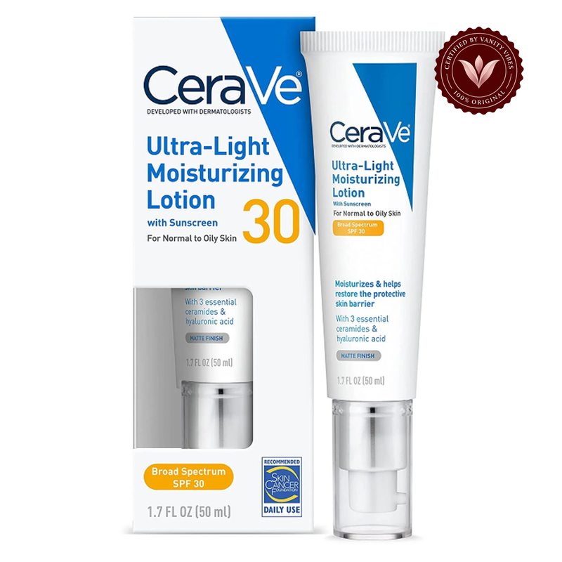 CeraVe Ultra-Light Moisturizing Lotion SPF 30 50ml exact package with Vanity Vibes badge