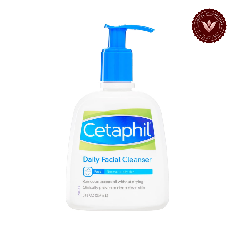 Cetaphil Daily Facial Cleanser Normal To Oily Sensitive Skin 237Ml — centered front product on white background with Vanity Vibes seal