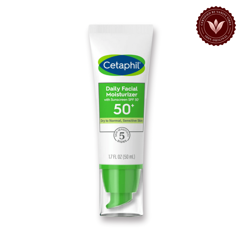 Cetaphil Daily Facial Moisturizer SPF 50+ Facial Moisturizer For Dry to Normal Skin Type — front | Vanity Vibes
