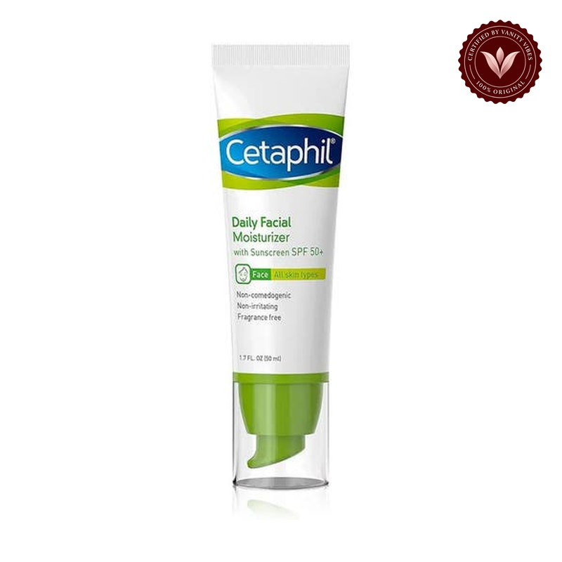 Cetaphil Daily Facial Moisturizer SPF 50+ Facial Moisturizer For Dry to Normal Skin Type — centered front product on white background with Vanity Vibes seal