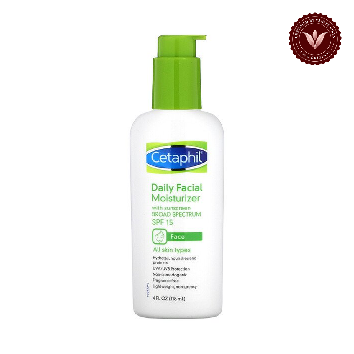 Cetaphil Daily Facial Moisturizer with SPF 15 For Dry to Normal Skin Type-118ml — centered front product on white background with Vanity Vibes seal