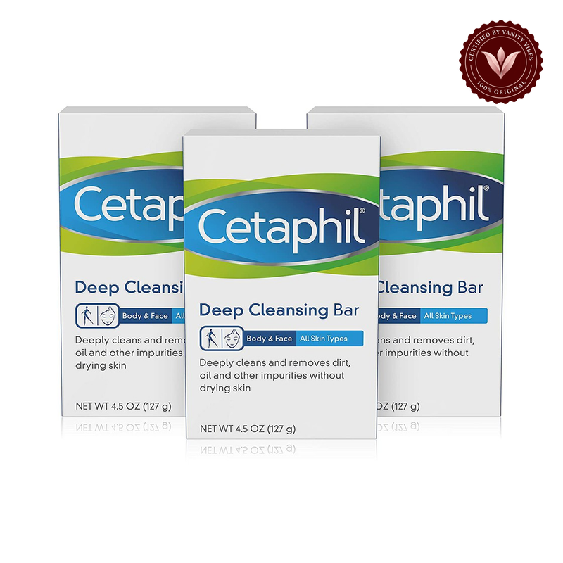 Cetaphil Deep Cleansing Bar Soap 127g all skin type (Pack of 3) — centered front product on white background with Vanity Vibes seal