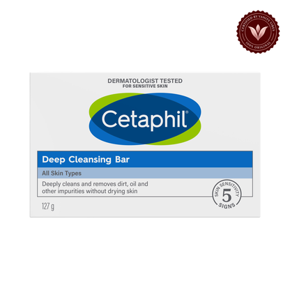 Cetaphil Deep Cleansing Bar-127g — centered front product on white background with Vanity Vibes seal