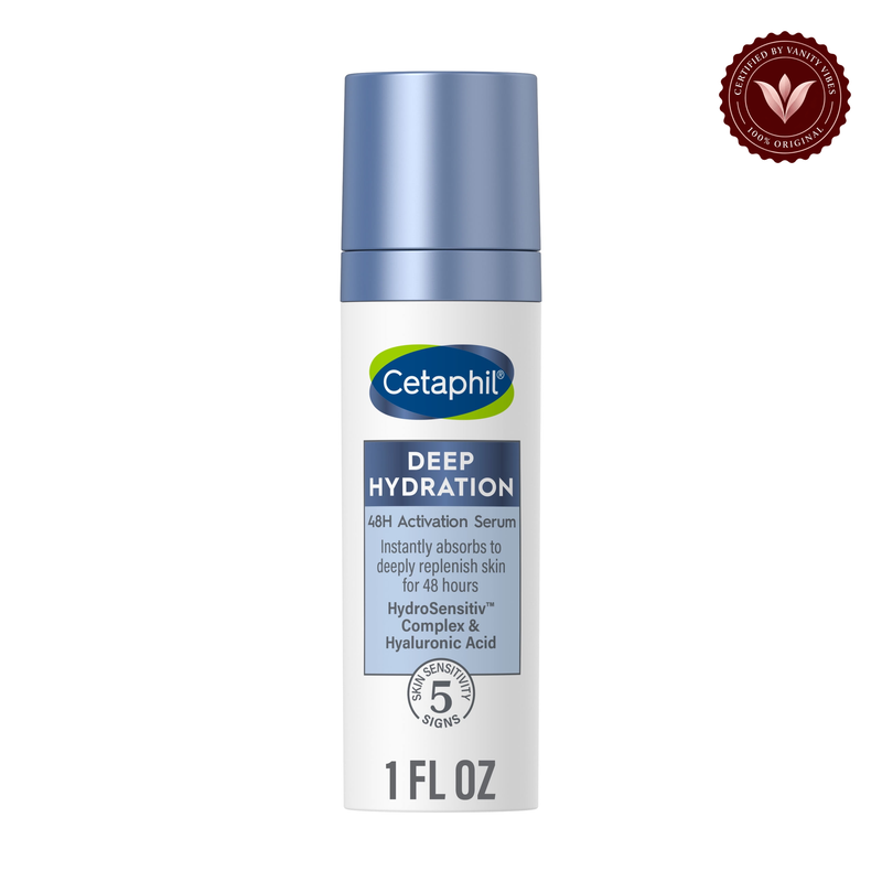 Cetaphil Deep Hydration 48H Activation Serum — centered front product on white background with Vanity Vibes seal