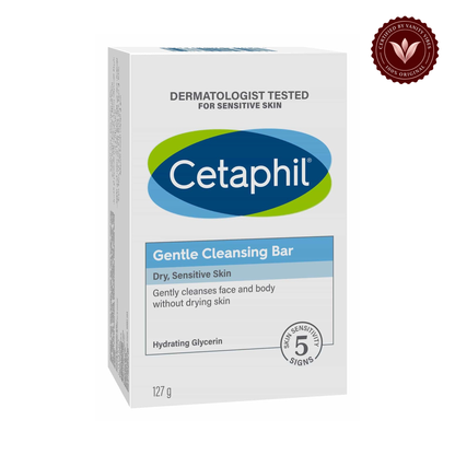 Cetaphil Gentle Cleansing Bar for Dry, Sensitive Skin-127g — centered front product on white background with Vanity Vibes seal