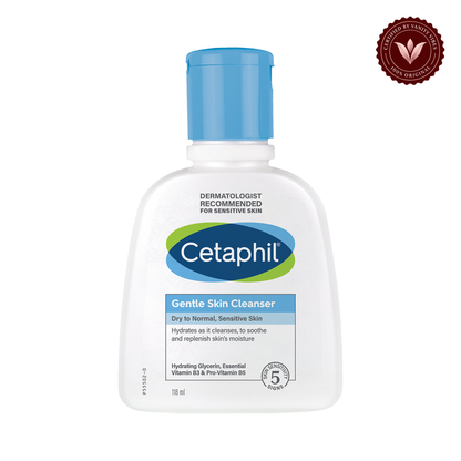 Cetaphil Gentle Skin Cleanser For Dry To Normal Sensitive Skin, 118 ml — centered front product on white background with Vanity Vibes seal