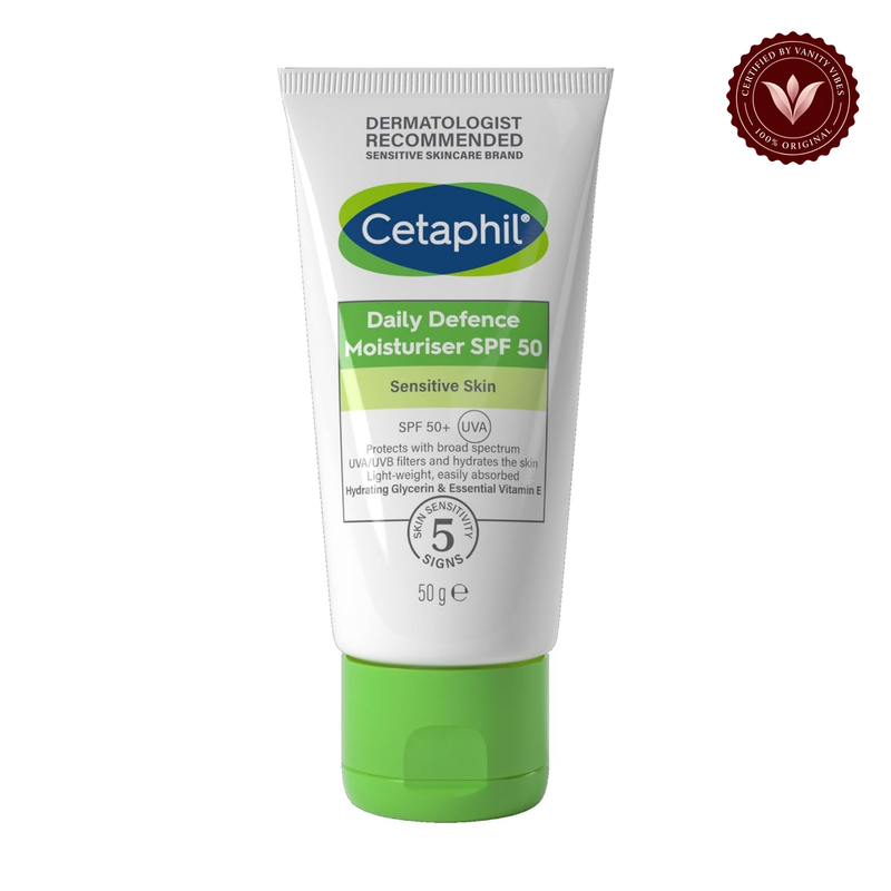 Cetaphil Daily Defence Moisturiser SPF50-50g — centered front product on white background with Vanity Vibes seal