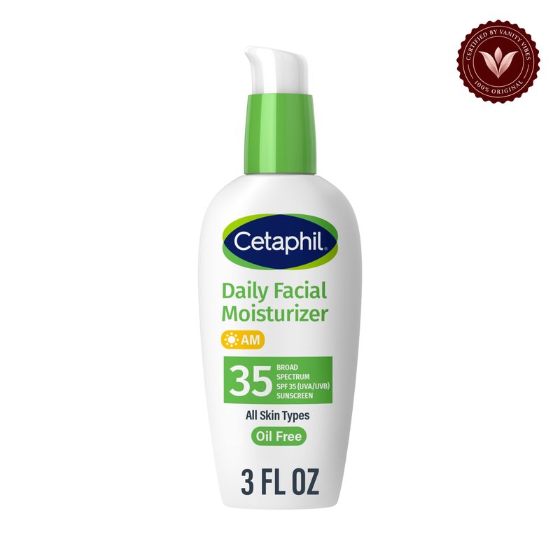 Cetaphil Daily Face Moisturizer with SPF 35 Sunscreen — centered front product on white background with Vanity Vibes seal