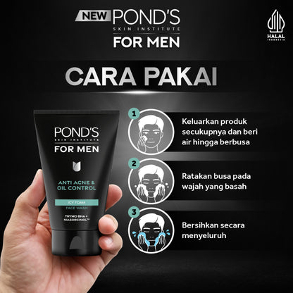 Pond’s Men Anti-Acne & Oil Control Icy Foam Face Wash 100g - With Thymo BHA & Niasorcinol for Clear, Refreshed Skin
