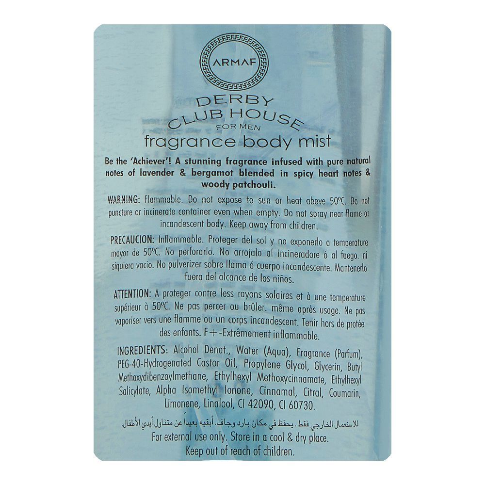 Armaf Derby Club House For Men Fragrance Body Mist 250ml – Long Lasting Masculine Perfume Spray