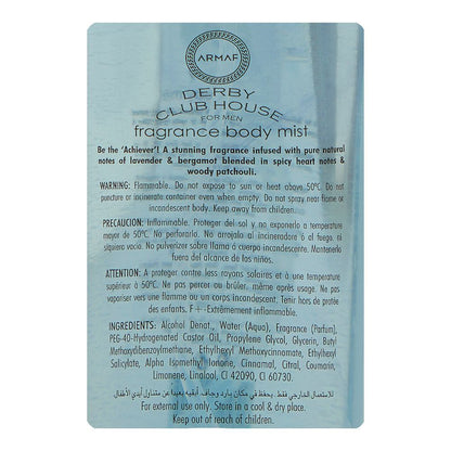 Armaf Derby Club House For Men Fragrance Body Mist 250ml – Long Lasting Masculine Perfume Spray