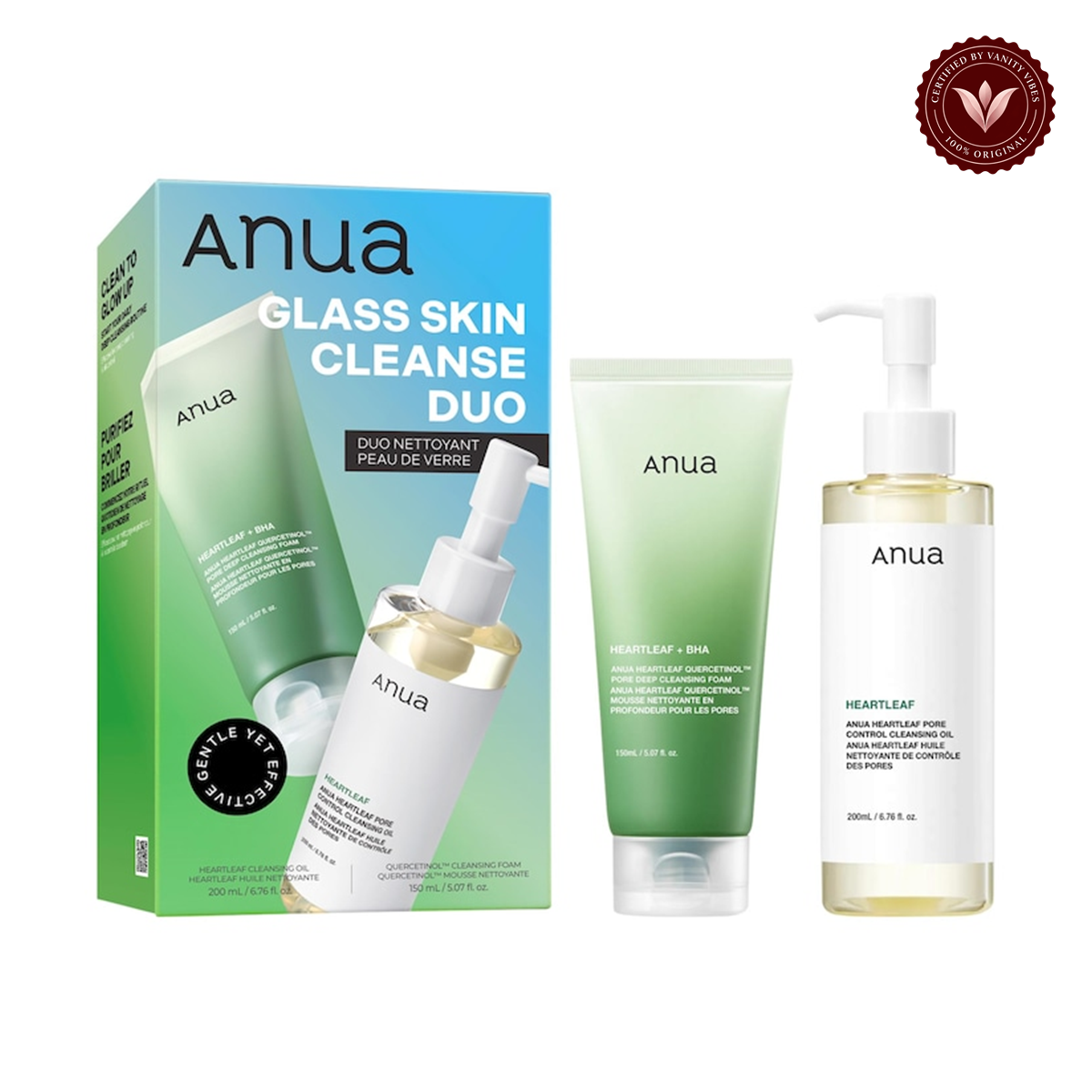 Anua Glass Skin Cleanse Duo product box, cleansing oil and foam, centered on white with Vanity Vibes badge
