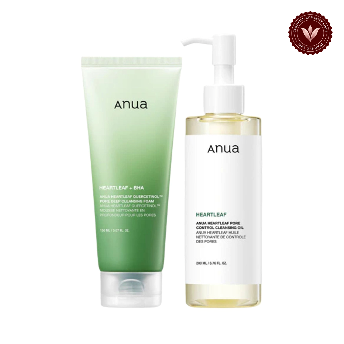 Anua Glass Skin Cleanse Duo Heartleaf cleansing oil and foam on white with Vanity Vibes badge
