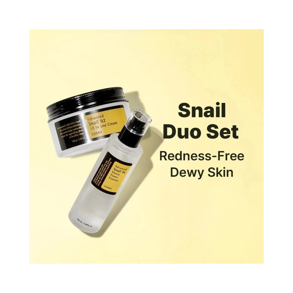 COSRX Snail Duo Set products on a soft yellow background