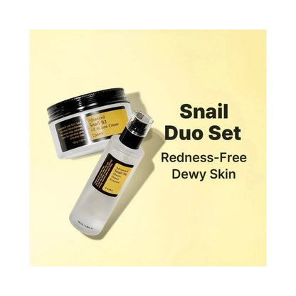 COSRX Snail Duo Set products on a soft yellow background