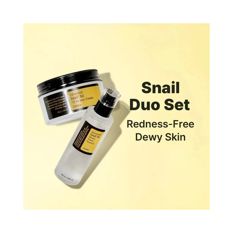 COSRX Snail Duo Set products on a soft yellow background