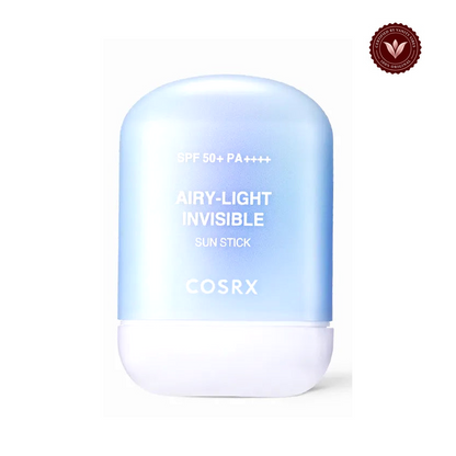 COSRX Airy-Light Invisible Sun Stick front packshot on white with Vanity Vibes seal