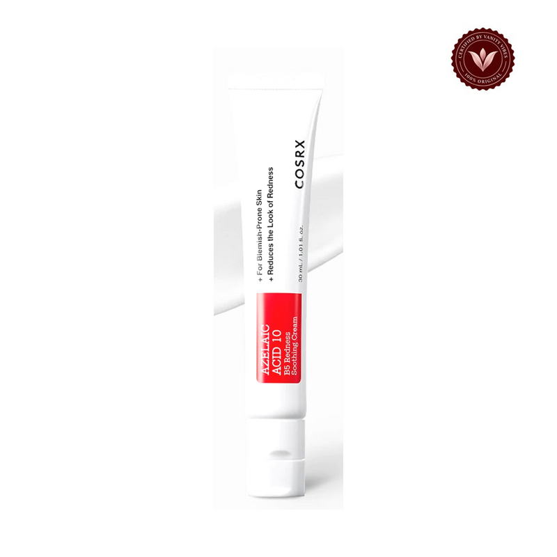 COSRX Azelaic Acid 10 B5 Redness Soothing Cream 30ml on white with Vanity Vibes seal