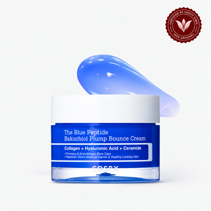 COSRX The Blue Peptide Bakuchiol Plump Bounce Cream jar on white with Vanity Vibes seal