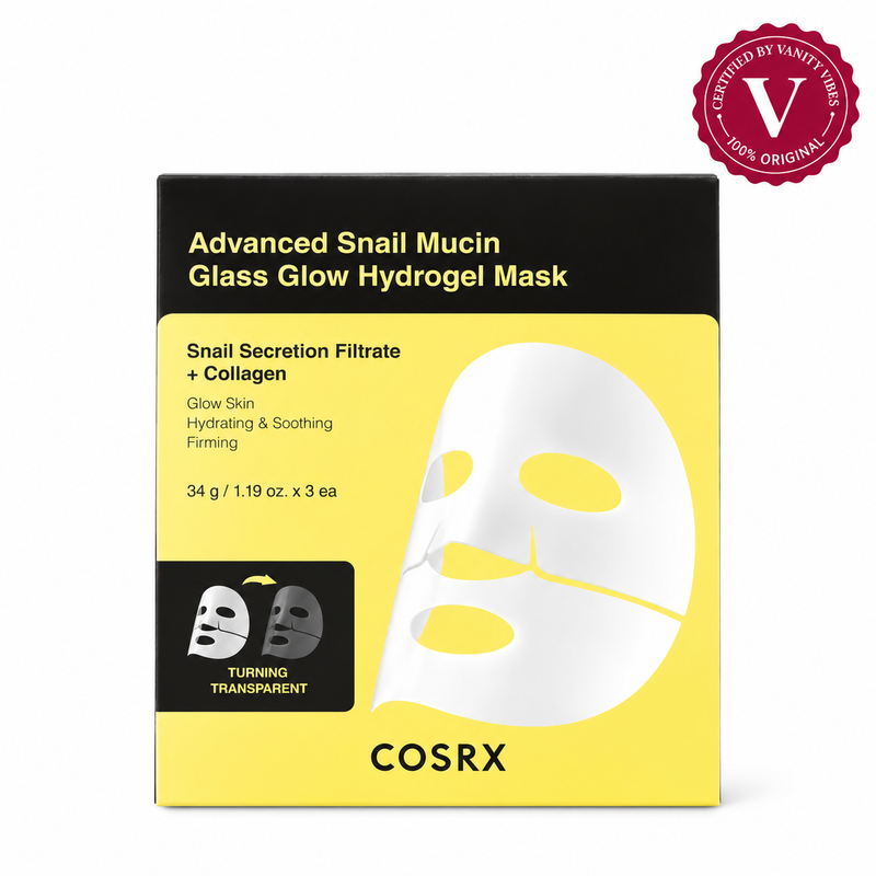 COSRX Advanced Snail Mucin Glass Glow Hydrogel Mask 3 sheet box on white with Vanity Vibes seal