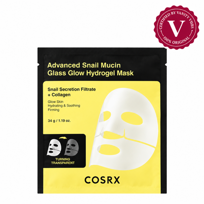 COSRX Advanced Snail Mucin Glass Glow Hydrogel Mask single 34g sachet on white with Vanity Vibes seal