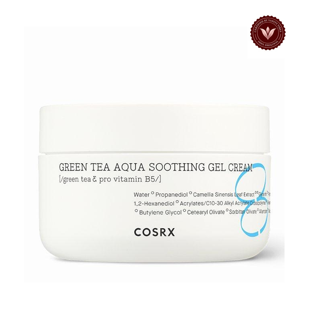 COSRX Hydrium Green Tea Aqua Soothing Gel Cream on white with Vanity Vibes seal